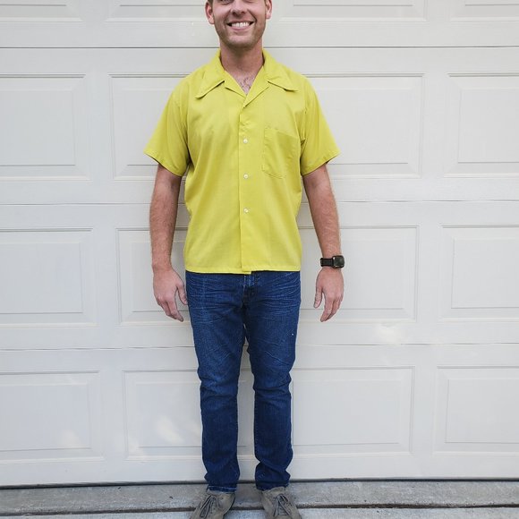 vintage 1960s yellow/green mens button up - Picture 2 of 7